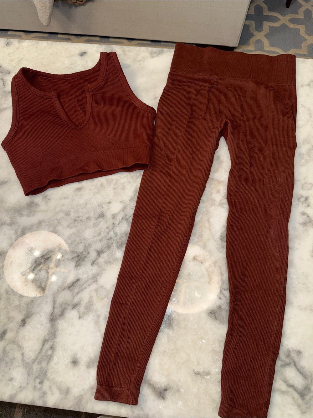 Ribbed High-Waist Leggings & Crop Tank Set — Rust